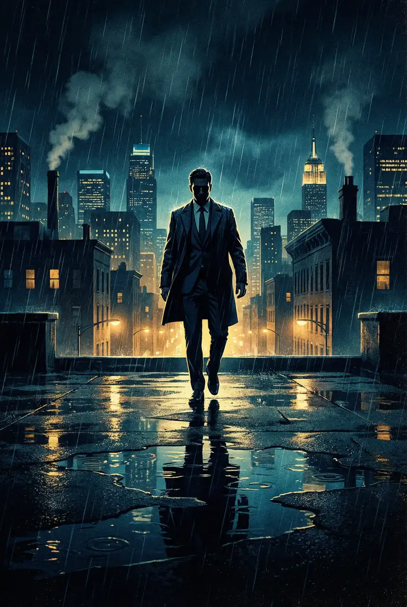 于承惠电视剧 出品影片《雨夜独行者》海报，雨中城市屋顶男性剪影